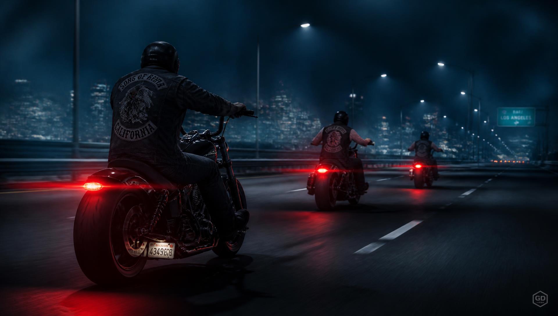 Motociclistas em estrada à noite com luzes traseiras vermelhas